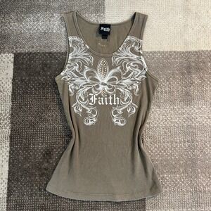 Faith Connexion Brown Ribbed Tank Top Fleur de Lis Rhinestone Y2K Womens Small